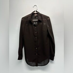 Women’s Black Transparent Heart Cutout Long Sleeve Button Down Blouse Top Medium